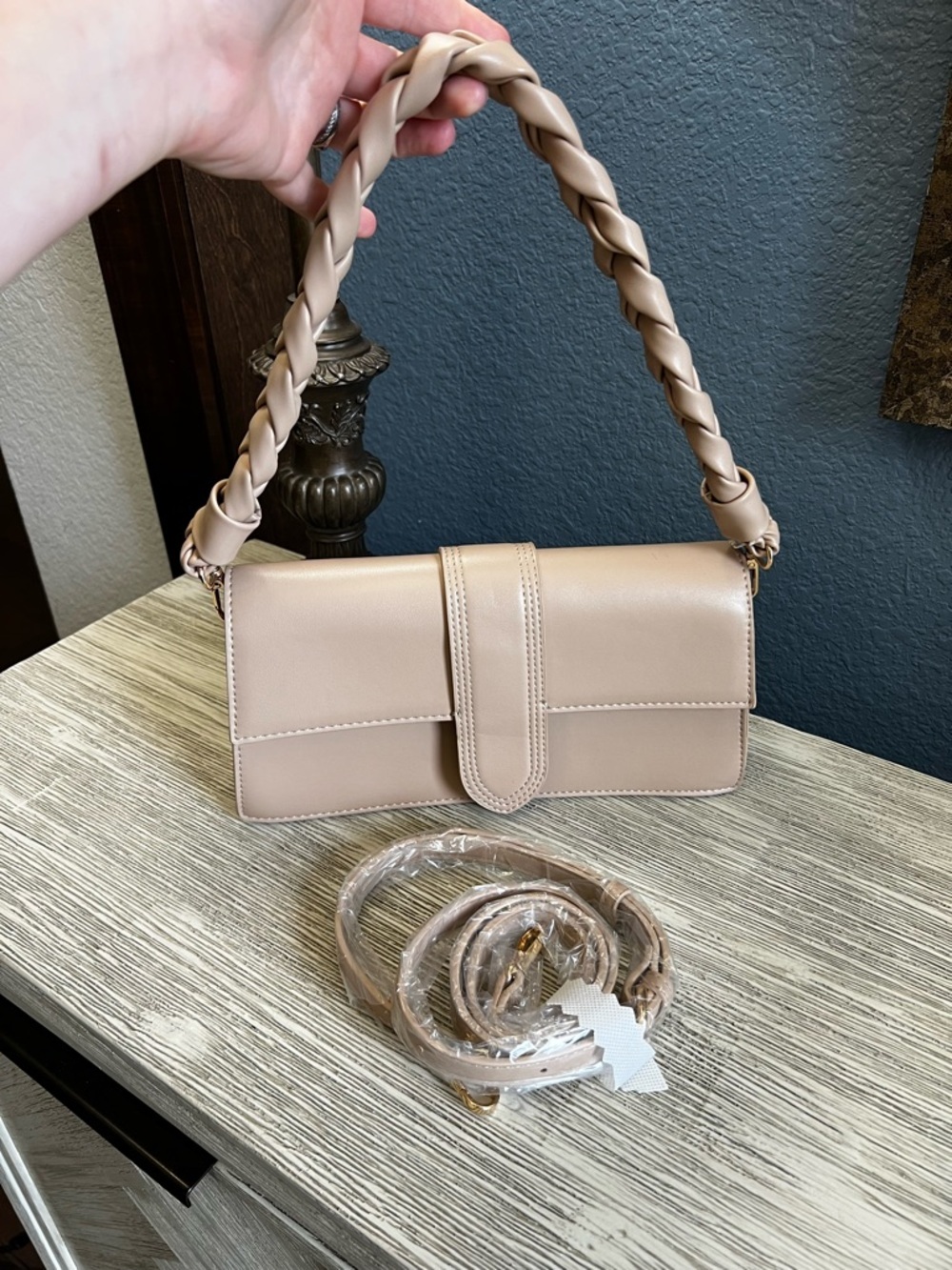 NWOT!!! Moda Luxe “Violet” Braided Handle Shoulder Bag in Nude Beige
